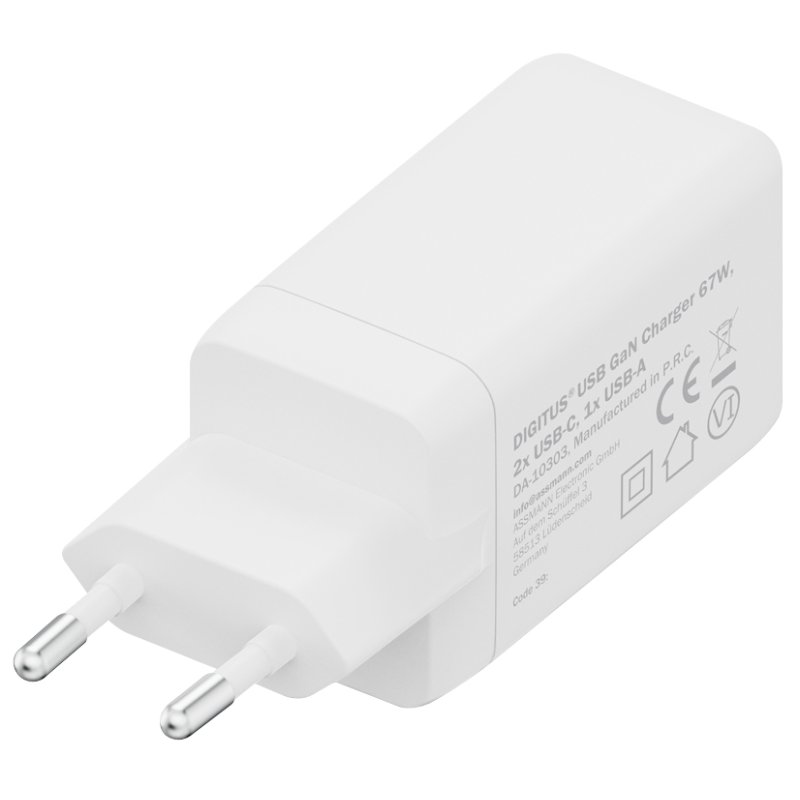 DIGITUS Chargeur USB GaN, 2x USB-C + 1x USB-A, 67W, blanc