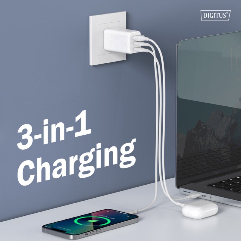DIGITUS Chargeur USB GaN, 2x USB-C + 1x USB-A, 67W, blanc