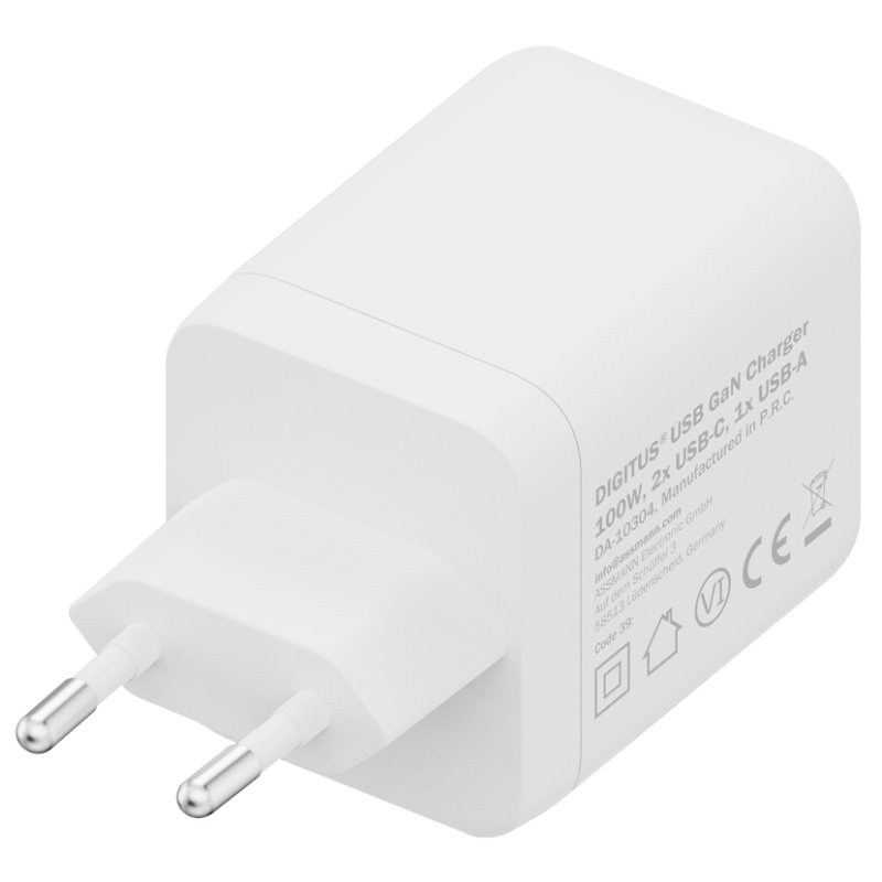 DIGITUS Chargeur USB GaN, 2x USB-C + 1x USB-A, 100 watts, blanc