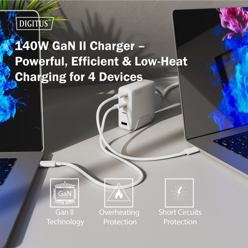 DIGITUS Chargeur USB GaN, 3× USB-C + 1× USB-A, 140W, blanc