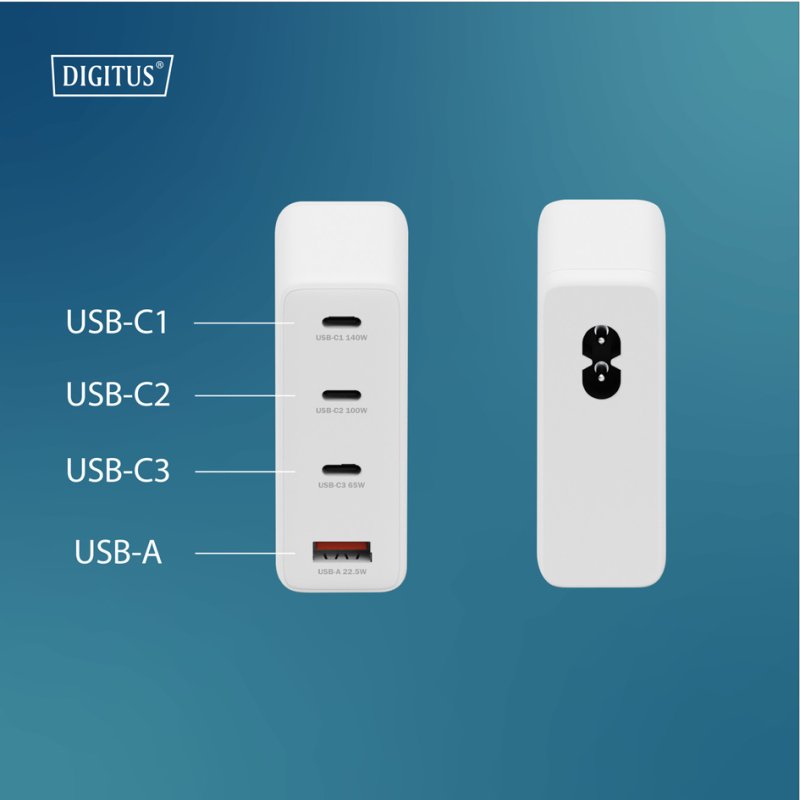 DIGITUS Chargeur USB GaN, 3× USB-C + 1× USB-A, 140W, blanc