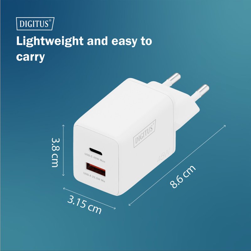 DIGITUS USB GaN charger, 1x USB-C + 1x USB-A, 45W, white