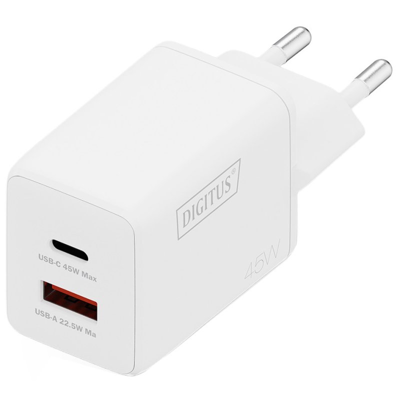 DIGITUS USB GaN charger, 1x USB-C + 1x USB-A, 45W, white