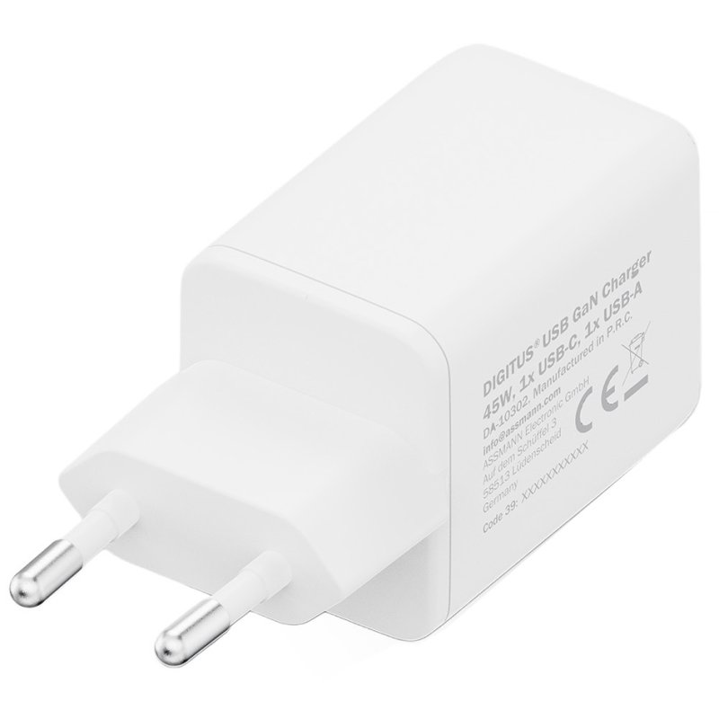 DIGITUS USB GaN charger, 1x USB-C + 1x USB-A, 45W, white