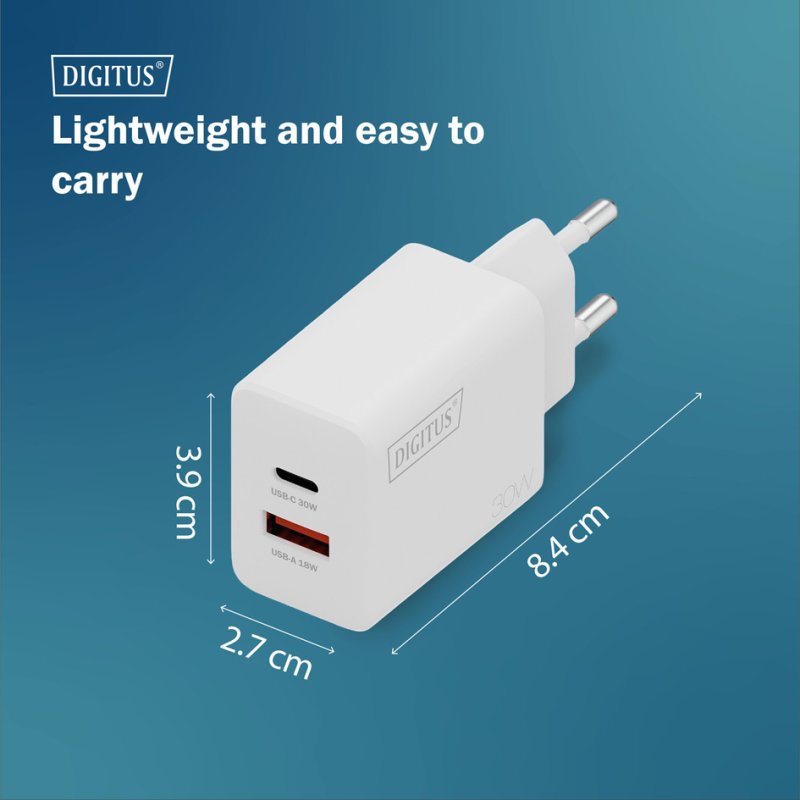 DIGITUS USB GaN charger, 30 W USB-C + 18 W USB-A, white