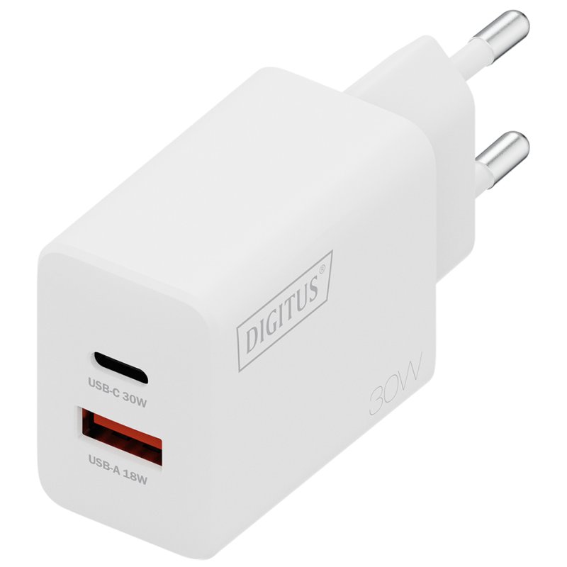 DIGITUS USB GaN charger, 30 W USB-C + 18 W USB-A, white