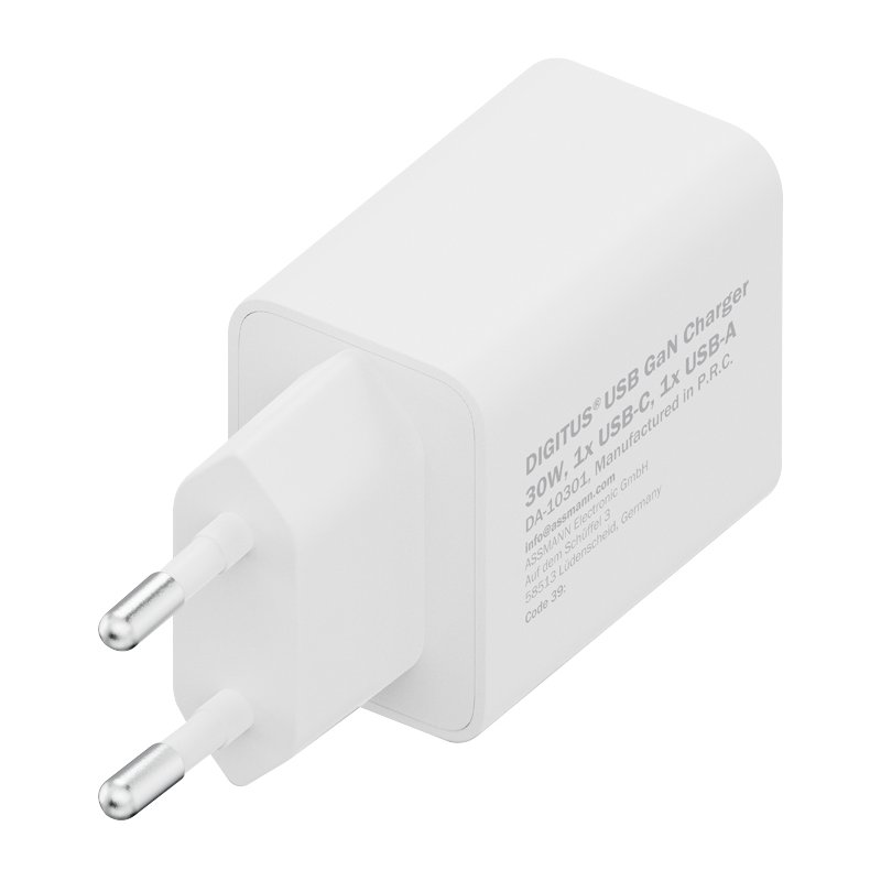 DIGITUS USB GaN charger, 30 W USB-C + 18 W USB-A, white
