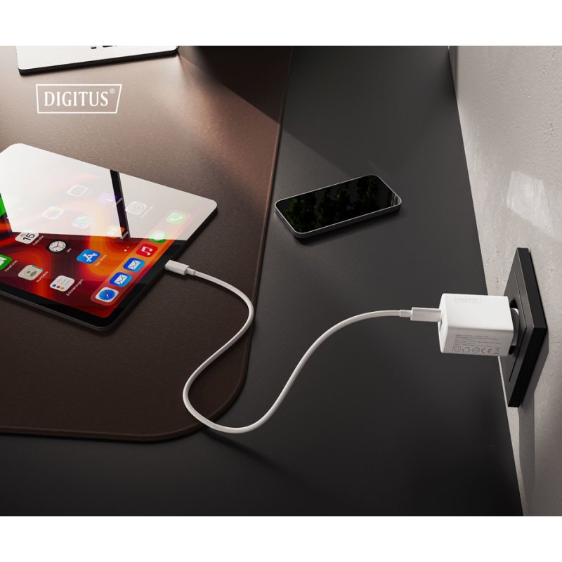 DIGITUS USB GaN charger, 30 W USB-C + 18 W USB-A, white