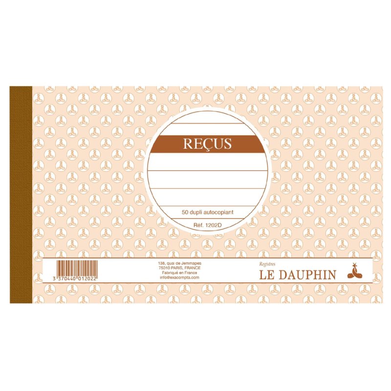 Le Dauphin bloc autocopiants Reçus, 105×180 mm, 2 exemplaires, 50 feuillets numérotés