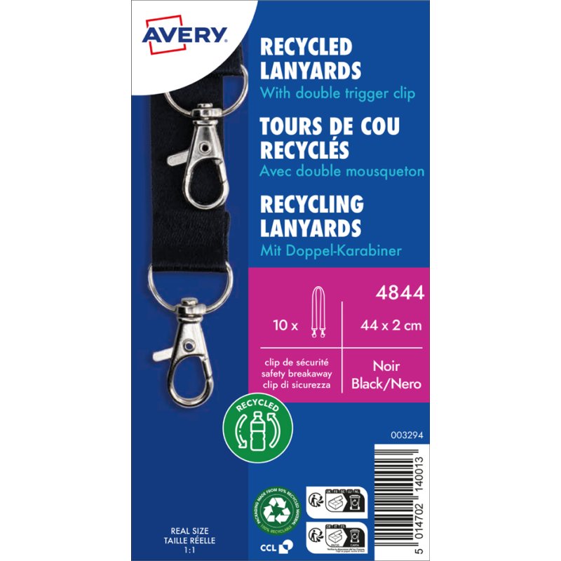 AVERY Zweckform Recy keycord, double carabiner hook, 20 × 440 mm, black, 10 pieces