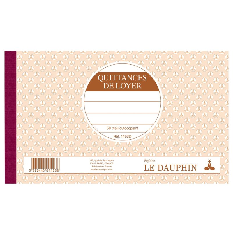 Le Dauphin manifold quittances de location, 125 × 210 mm, papier autocopiant, 50 feuilles