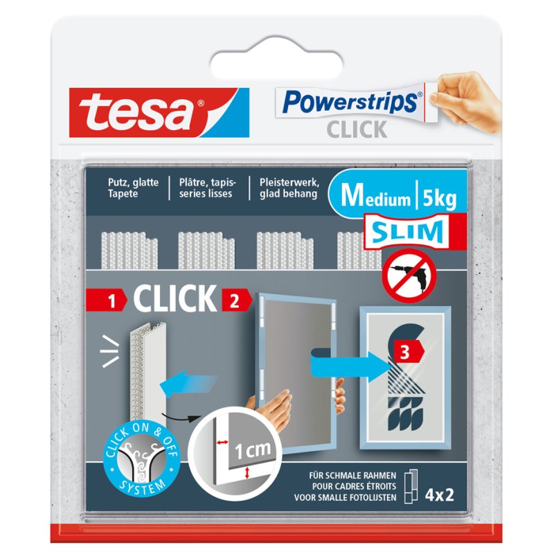 tesa Powerstrips CLICK hook-and-loop MEDIUM Slim, white, holding power 5.0 kg, 8 strips