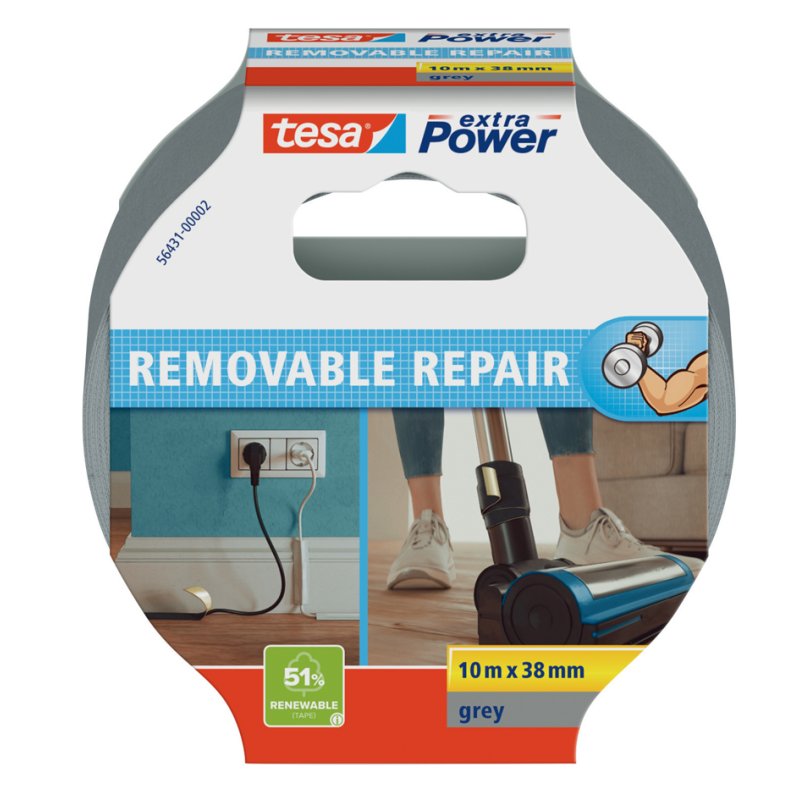 tesa ruban adhésif tissu extra Power REMOVABLE REPAIR, gris, 38 mm × 10 m