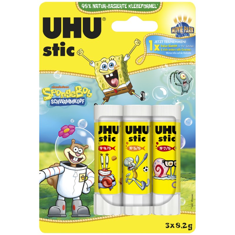 UHU bâton de colle stic SpongeBob, 3 x 8,2 g, blister