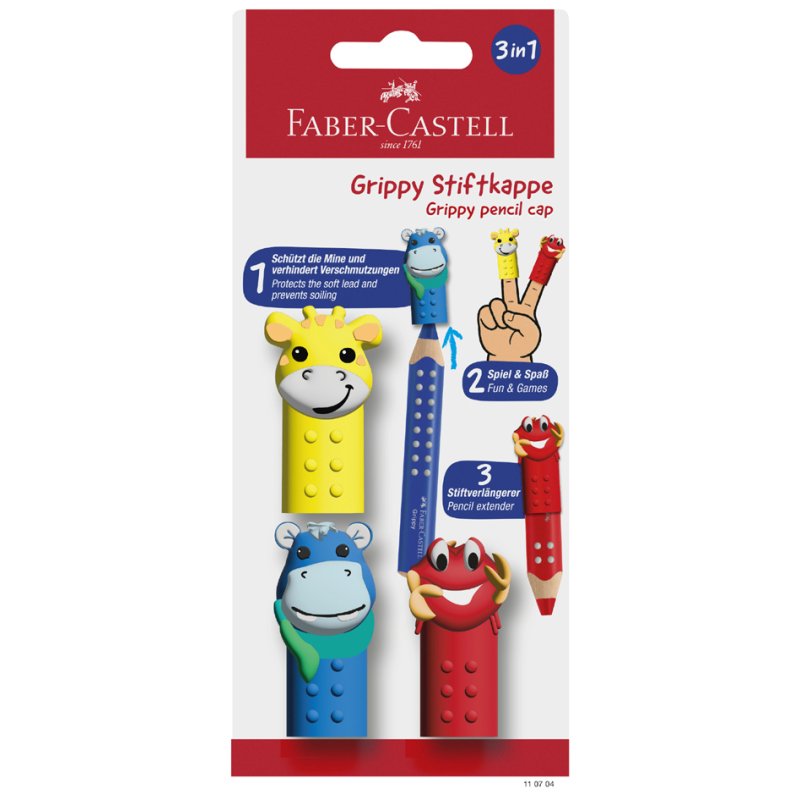Faber-Castell embouts de crayon Grippy Hello, plastique, set de 3, motifs animaux variés