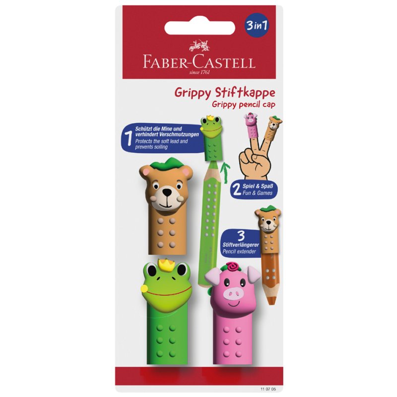Faber-Castell embouts de crayon Grippy Hello, plastique, set de 3, motifs animaux variés