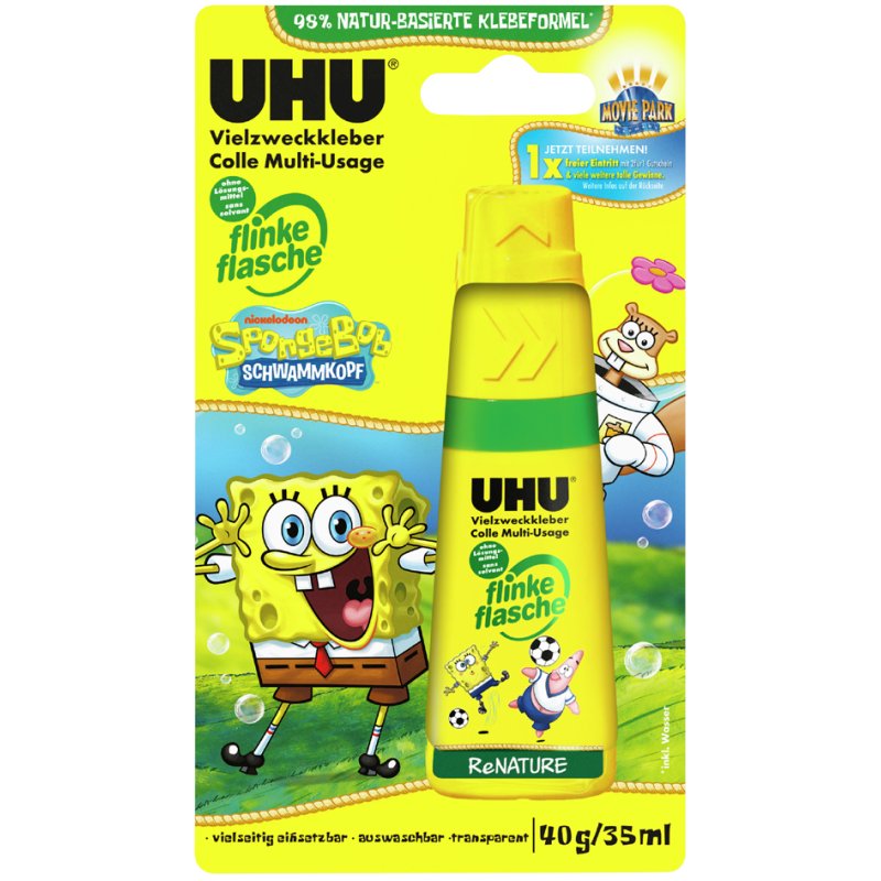 UHU all-purpose glue large bottle ReNATURE, refillable, SpongeBob motif, 40 g