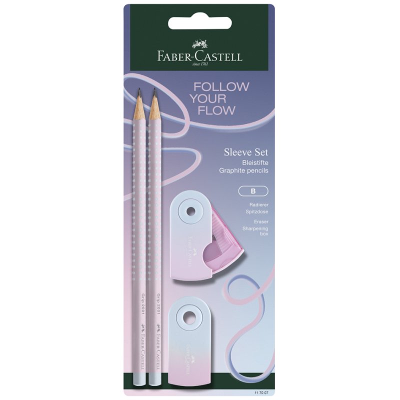 FABER-CASTELL schrijfset GRIP Flow Edition, blushing sky, 2 potloden + gum + puntenslijper