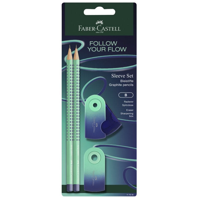 FABER-CASTELL schrijfset GRIP Flow Edition, blushing sky, 2 potloden + gum + puntenslijper