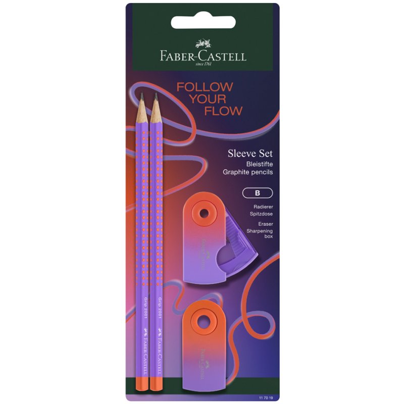 FABER-CASTELL schrijfset GRIP Flow Edition, blushing sky, 2 potloden + gum + puntenslijper
