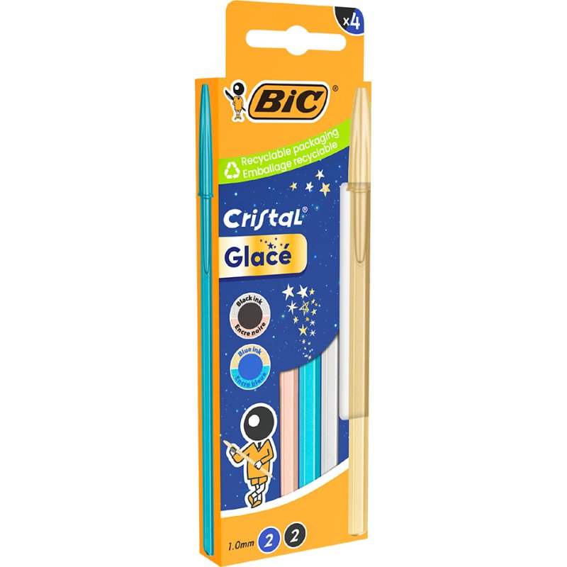 BIC Cristal Glacé stylos à bille, 0,32 mm, bleu et noir, 4 pièces