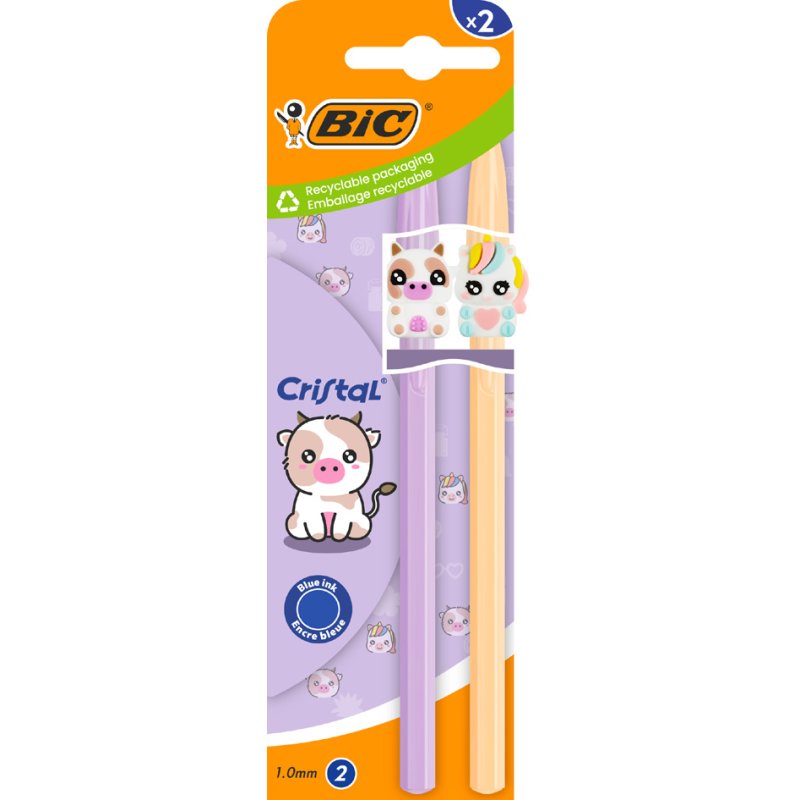 BIC stylo bille Cristal Pastel F, 0,32 mm, couleurs pastel avec motifs, 2 pièces