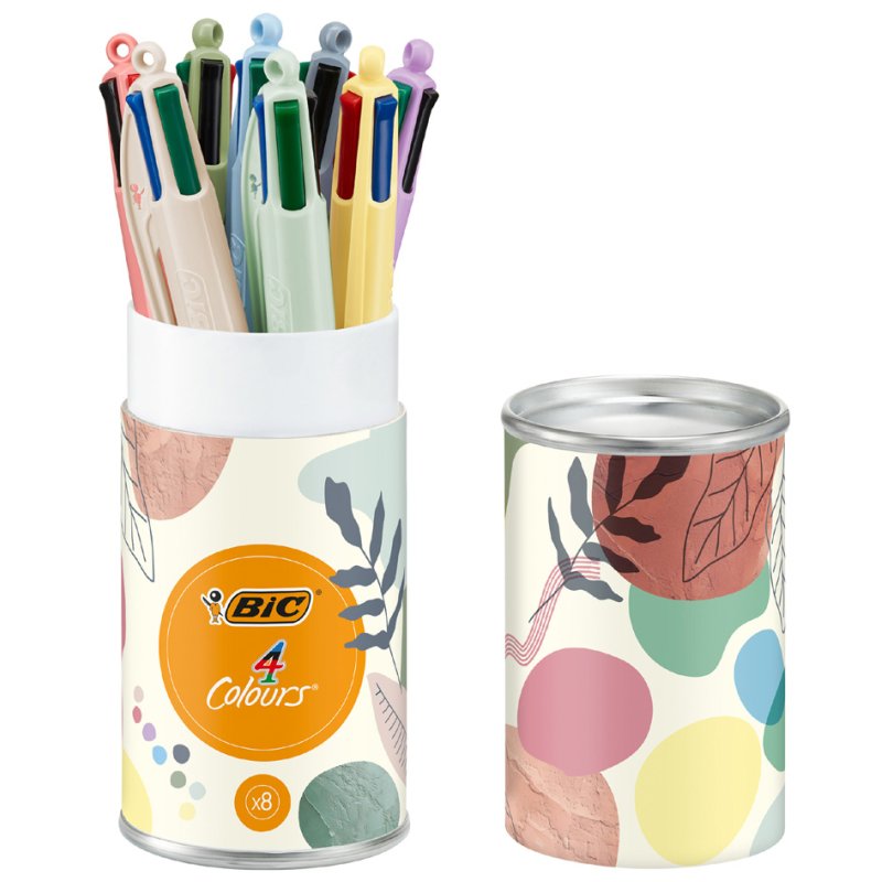 BIC 4 Colours Minera vierkleurenbalpen, 0,32 mm, aardse en pasteltinten, 8 stuks