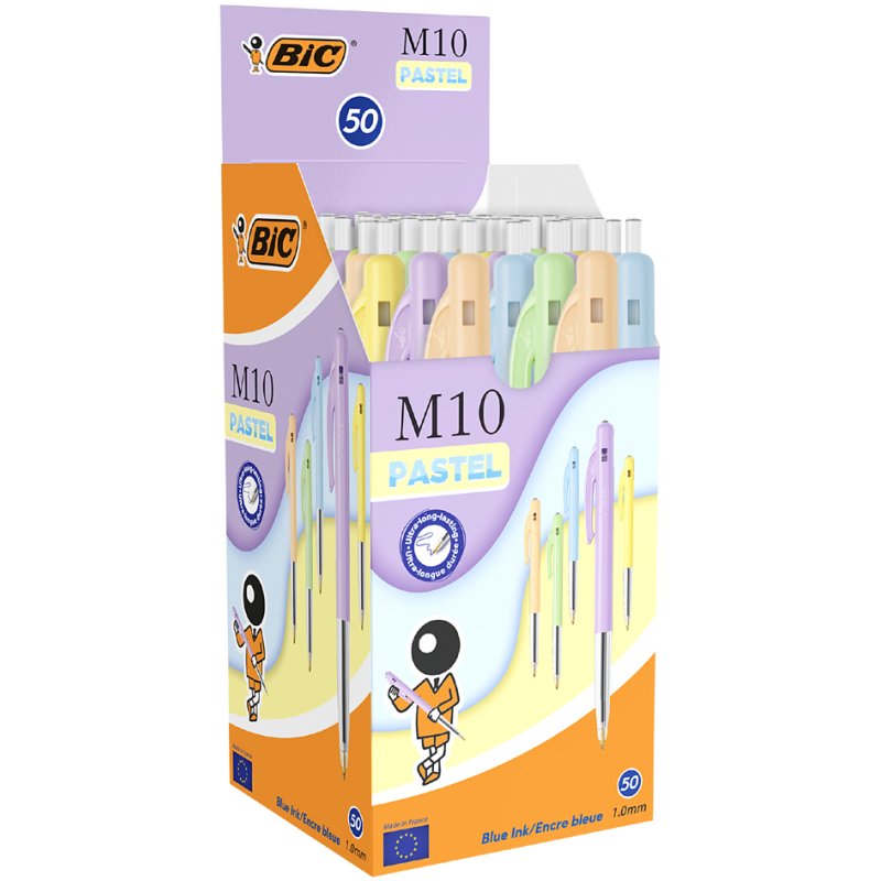Bic M10 Original push-button ballpoint pens, 0.4 mm, pastel shades, transparent grip