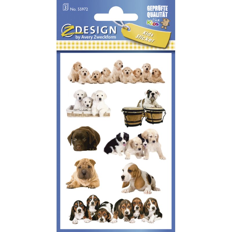 AVERY Zweckform kinderopplakplaatjes Hondenpuppy's, gekleurd, permanent haftend, 3 vel à 8 stickers