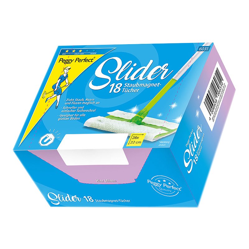 Peggy Perfect Slider kit de démarrage, balai à franges avec manche, 8 chiffons microfibre magnétiques