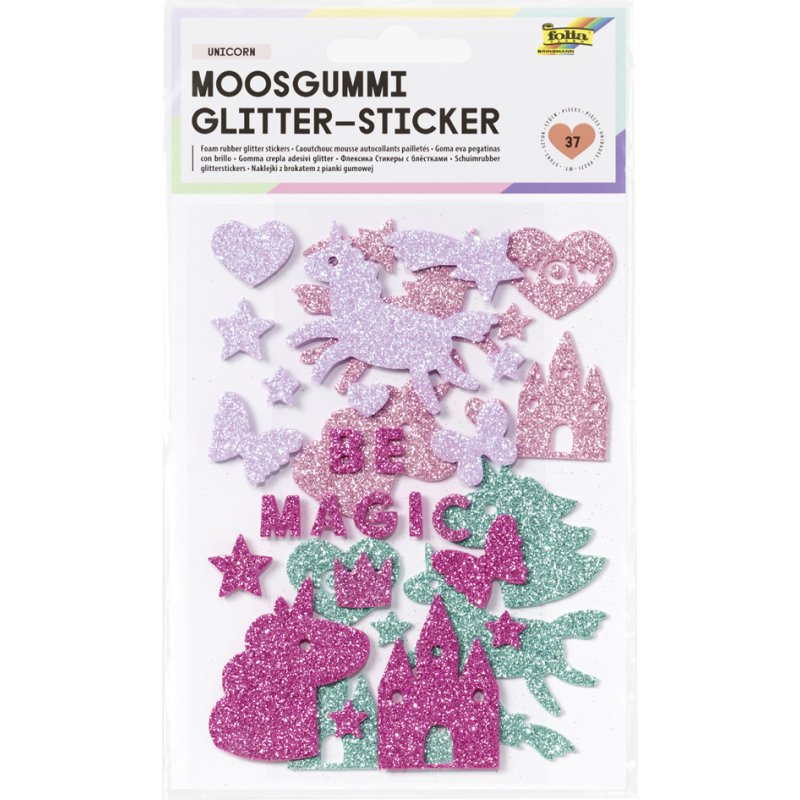 folia foam rubber glitter stickers eenhoorn, zelfklevend, gemengde kleuren, 37 stuks