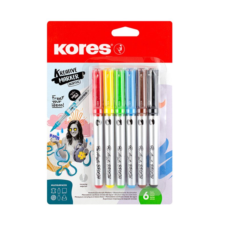 Kores Kreative acrylic markers, flexible brush tip, 6 colours, pack of 6