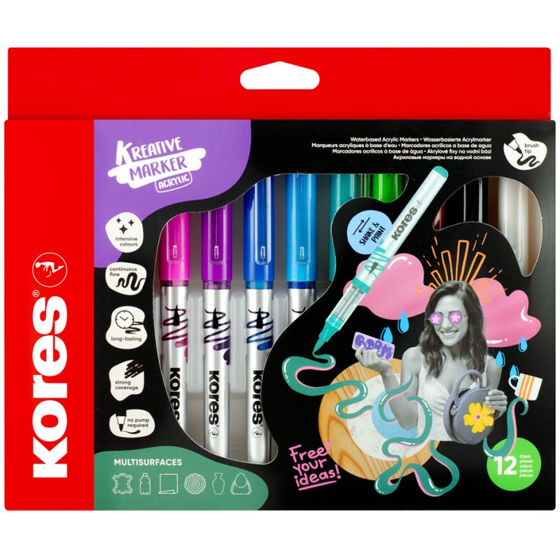Kores Kreative acrylic markers, flexible brush tip, 6 colours, pack of 6