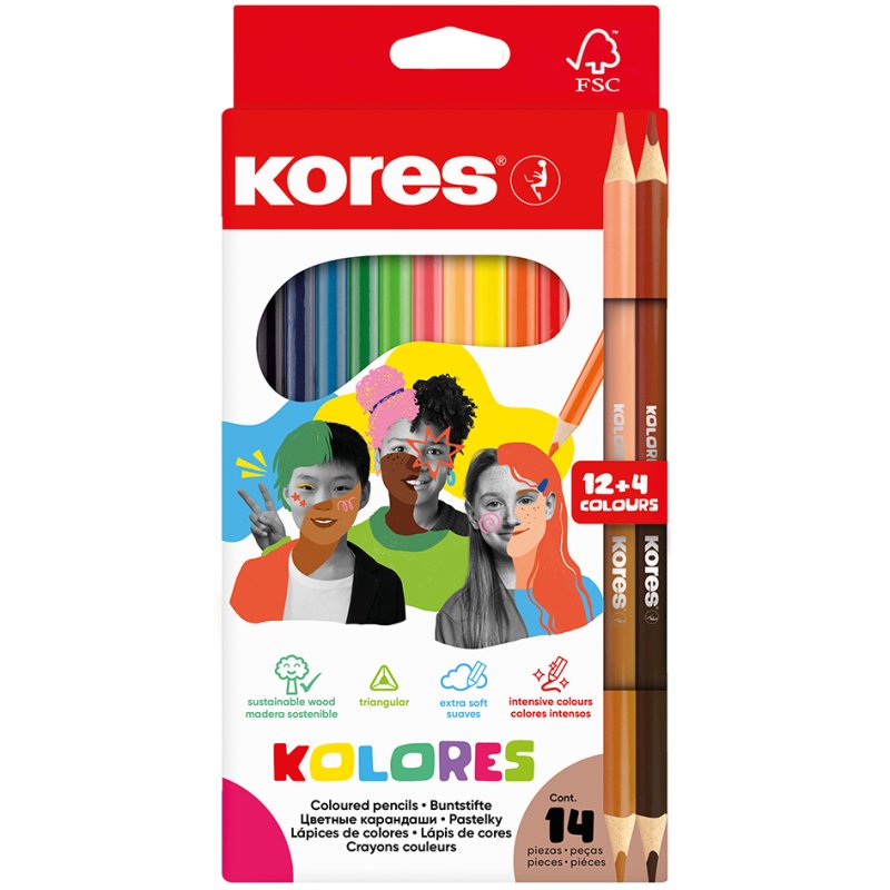 Crayons de couleur Kores BB9, triangulaires, 12 pièces + 2 duo, bois de tilleul