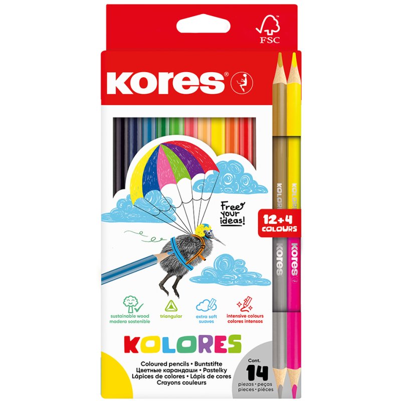 Crayons de couleur Kores BB9, triangulaires, 12 pièces + 2 duo, bois de tilleul