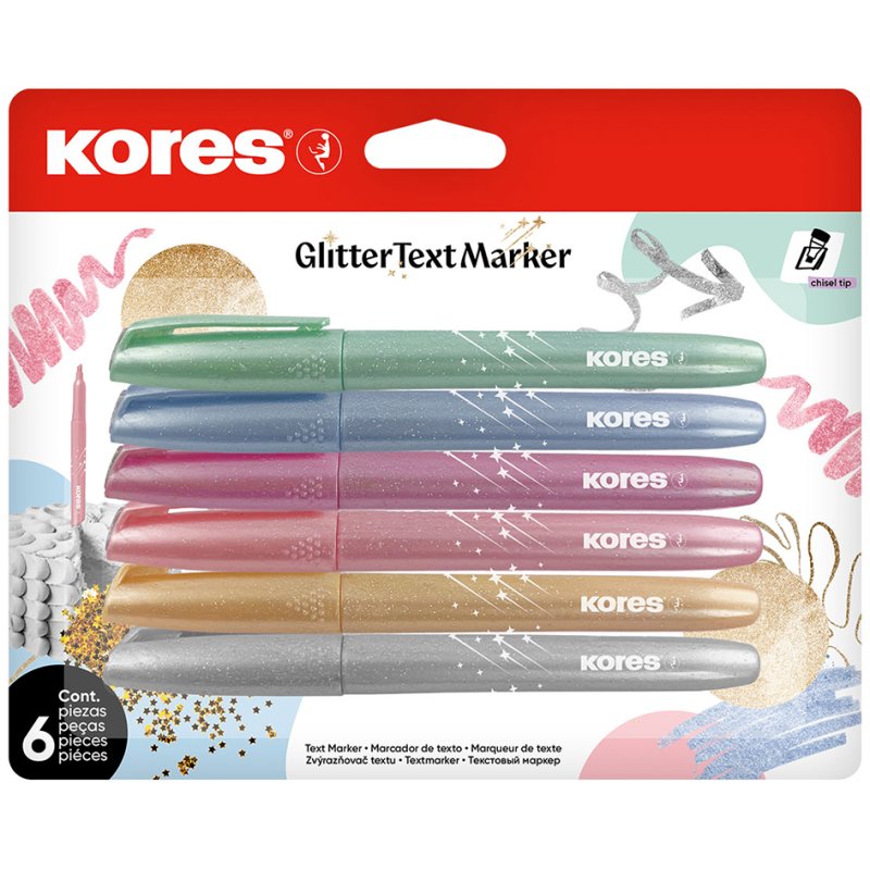 Kores surligneurs Glitter, pointe biseautée 3-5 mm, couleur pailletée, 6 pièces