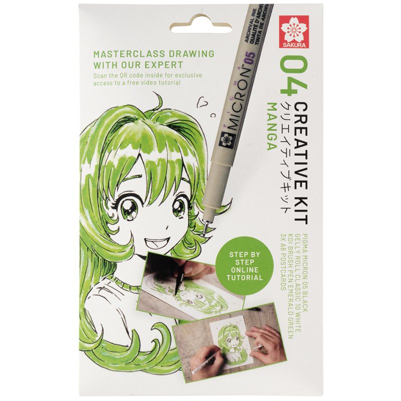 SAKURA creative set Manga, 3 pens + paper, black/white/emerald green
