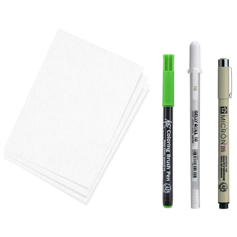 SAKURA creative set Manga, 3 pens + paper, black/white/emerald green