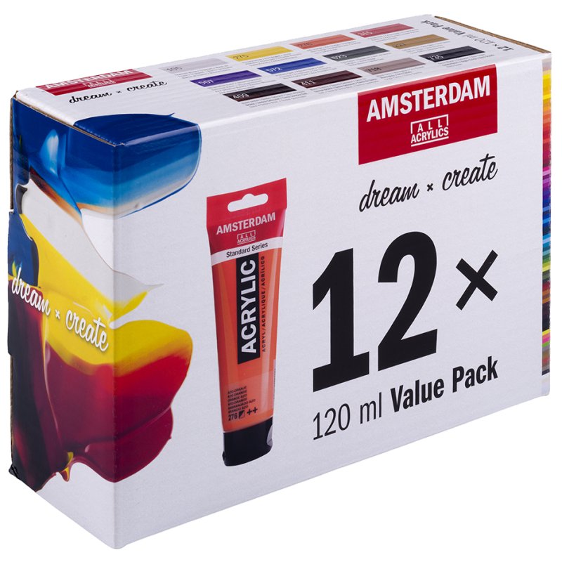 Royal Talens Amsterdam acrylic paint value pack, Standard Series, 12 × 120 ml, assorted colours