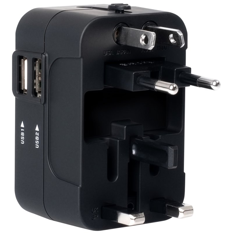 pavo universele reisstekker US/AU/EU/UK, USB-C en USB-A, zwart