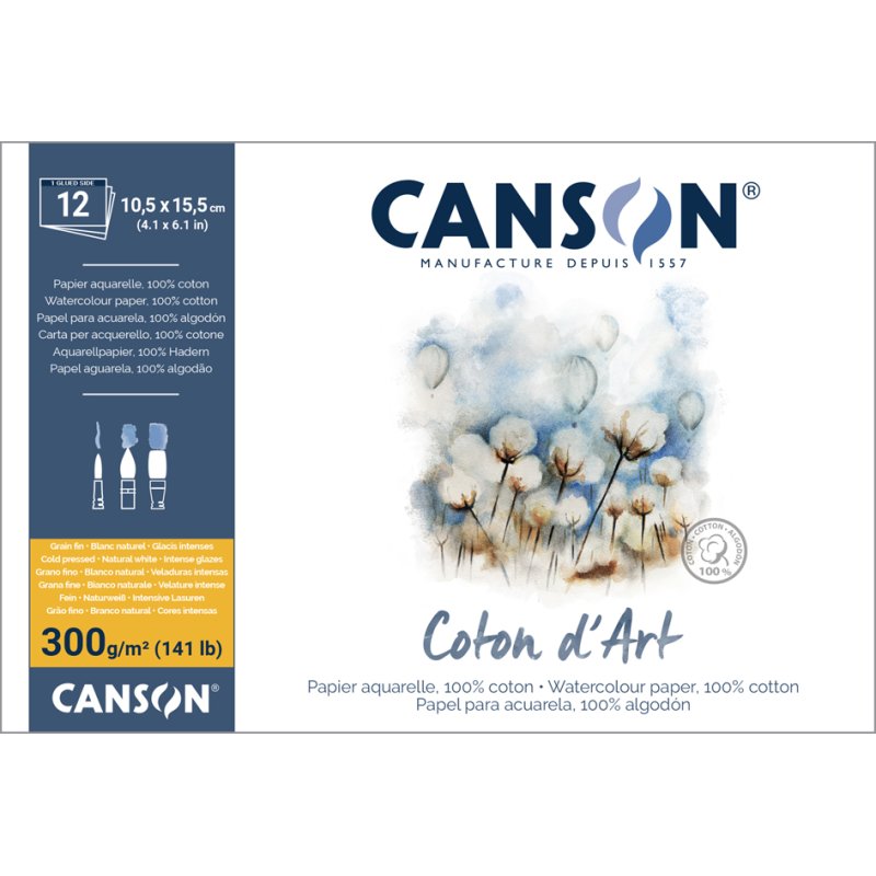 CANSON bloc aquarelle Coton art, 230×310 mm, 300 g/m², 12 feuilles