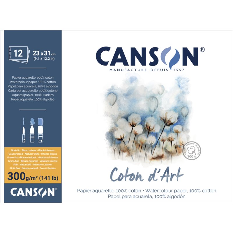 CANSON bloc aquarelle Coton art, 230×310 mm, 300 g/m², 12 feuilles