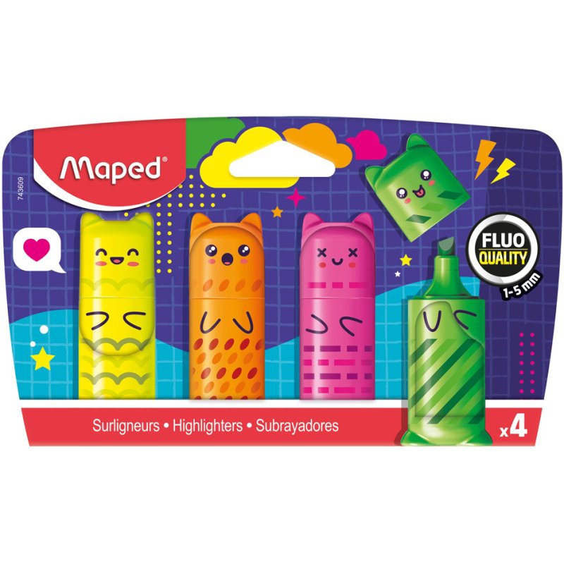 Maped surligneur Mini FLUO'PEPS KAWAI, 4 pièces, jaune/orange/rose/vert
