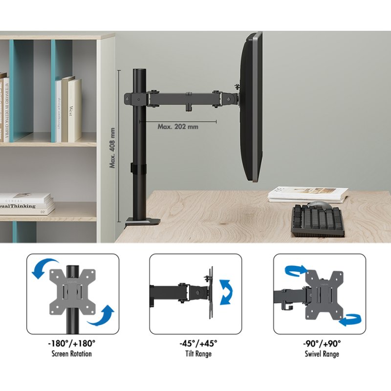 LogiLink support de moniteur, noir, avec pince, 17-32 pouces, capacité 10 kg