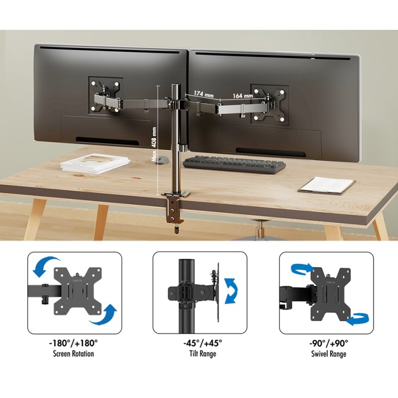 LogiLink monitor mount, black, with clamp, 17-32 inch, VESA 75×75/100×100