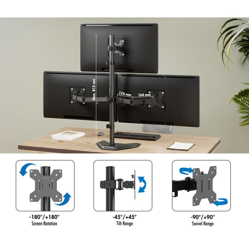LogiLink support triple écran, pied, 17-32 pouces, noir