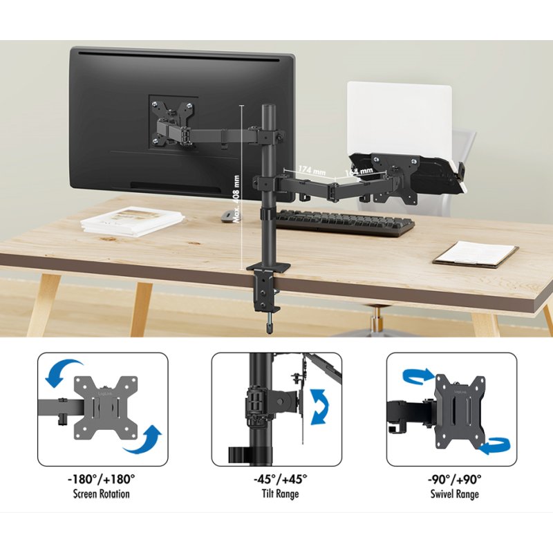 LogiLink monitor arm with laptop holder, black steel, 17-32 inch, VESA 75×75/100×100