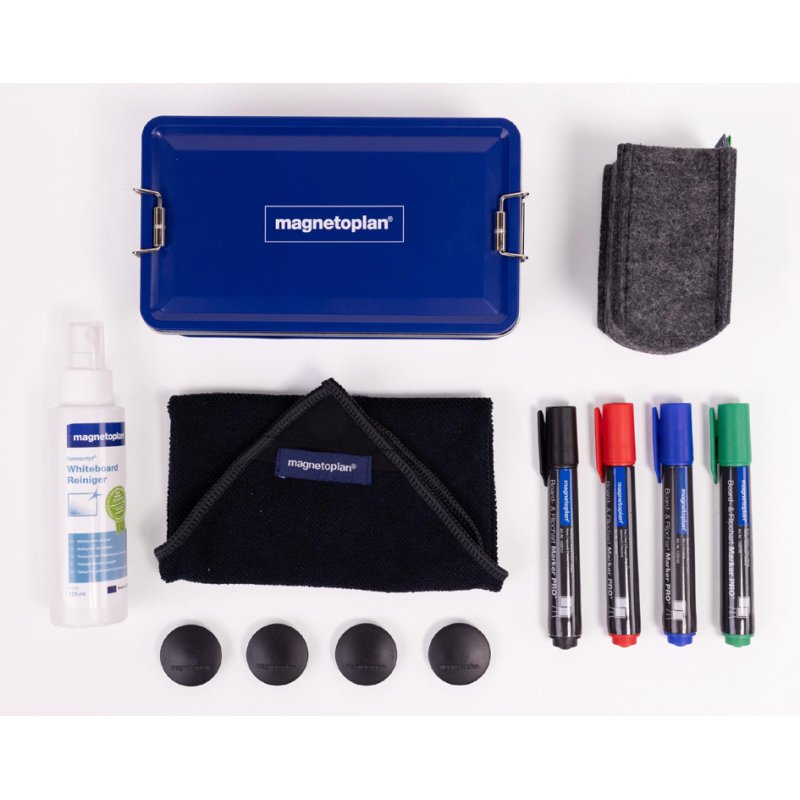 magnetoplan Whiteboard Premium Kit, metal box, cleaning spray and markers