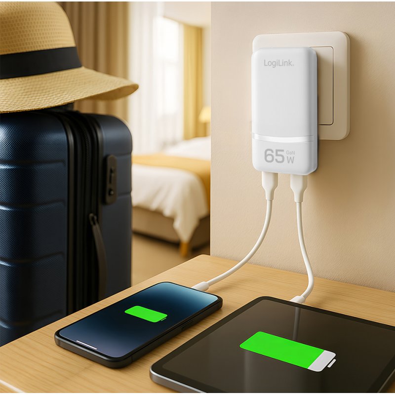 LogiLink Chargeur de voyage Dual-USB GaN, 65 Watts, blanc