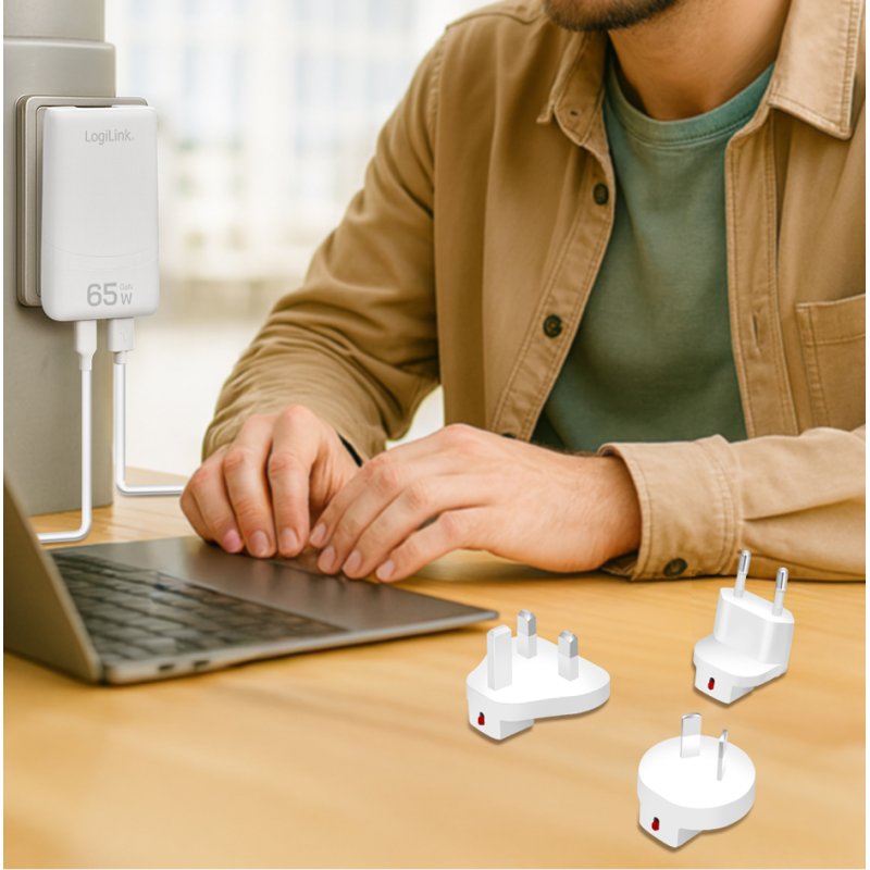LogiLink Chargeur de voyage Dual-USB GaN, 65 Watts, blanc